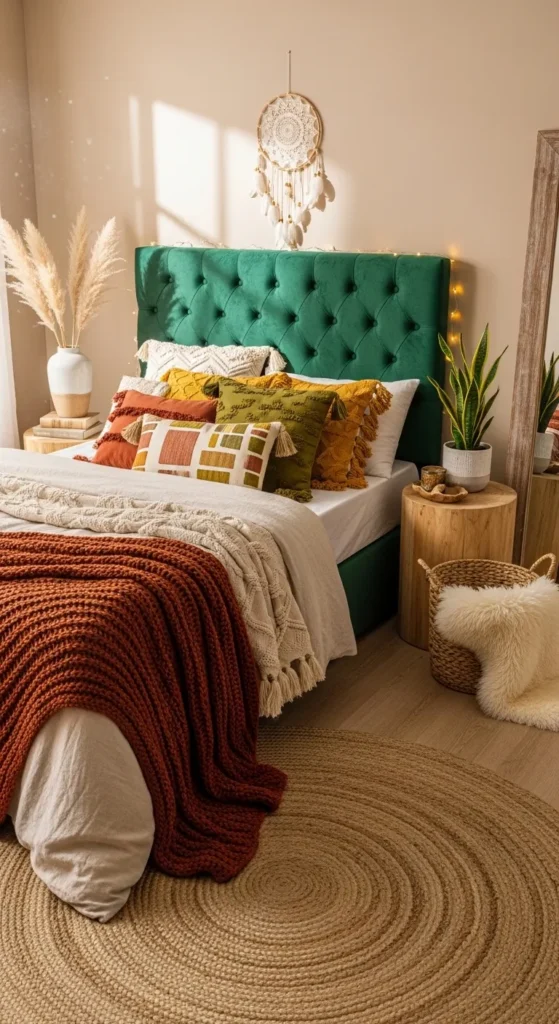 Emerald Green Boho Bedroom Ideas