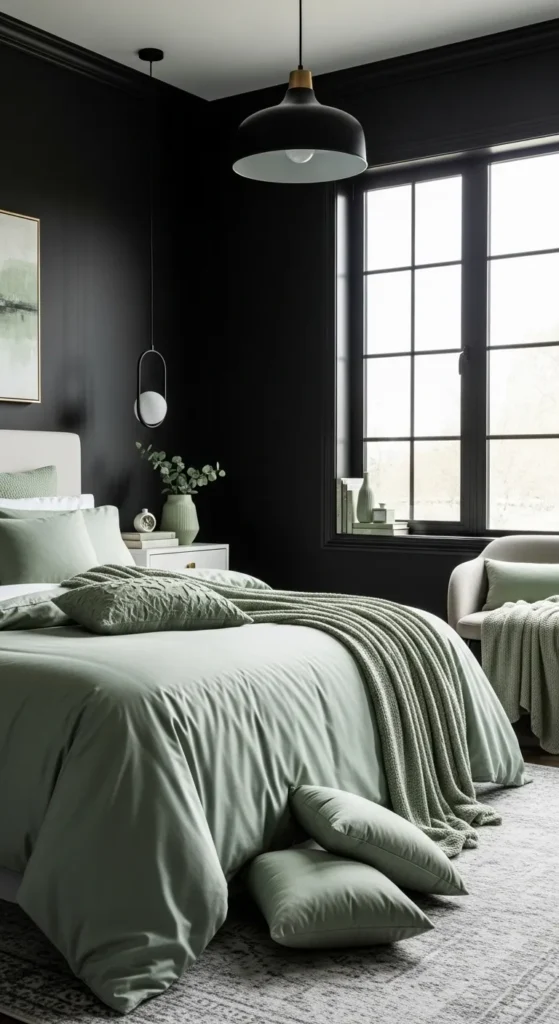 Sage Green and Black Bedroom