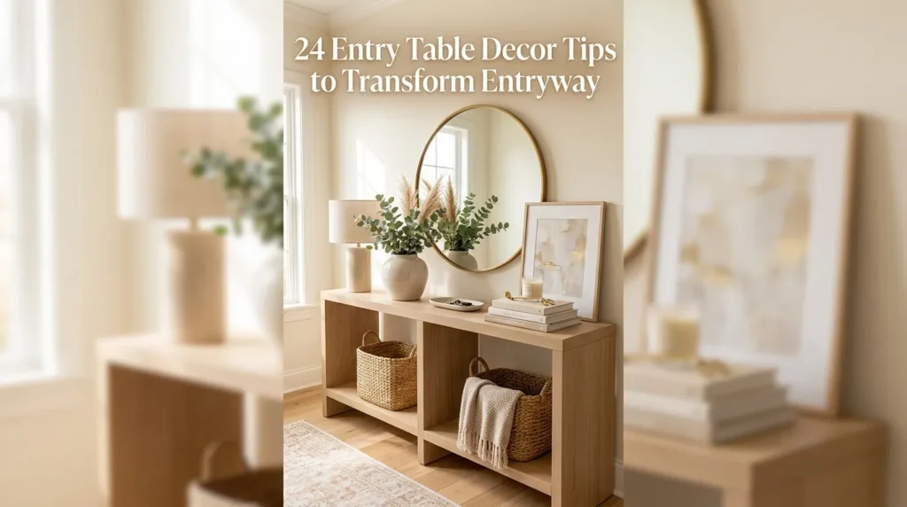 Image Description: Elegant framed mirror mounted above a wooden entry table with small decorative accents.