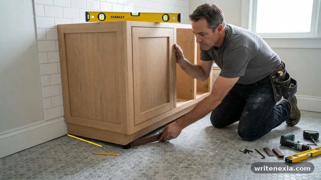 Dealing with the Toe Kick Gap - How to Level a Pre-Fab Vanity When the Tile Floor Has a 1/2 Inch Slope