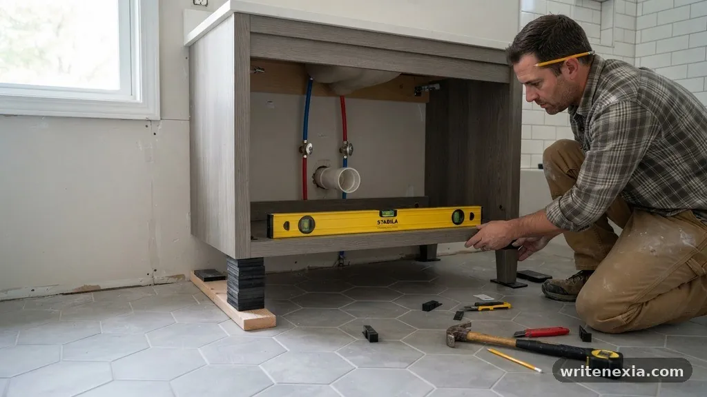 Managing Plumbing and Rough-in Height - How to Level a Pre-Fab Vanity When the Tile Floor Has a 1/2 Inch Slope