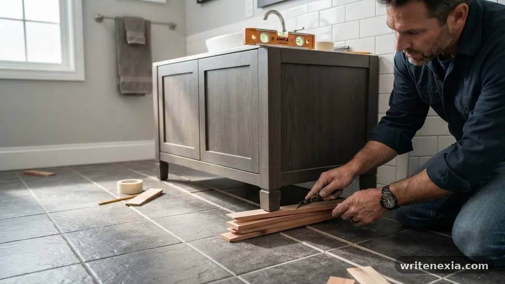 The Immediate Fix: Using Shims for Stability - How to Level a Pre-Fab Vanity When the Tile Floor Has a 1/2 Inch Slope
